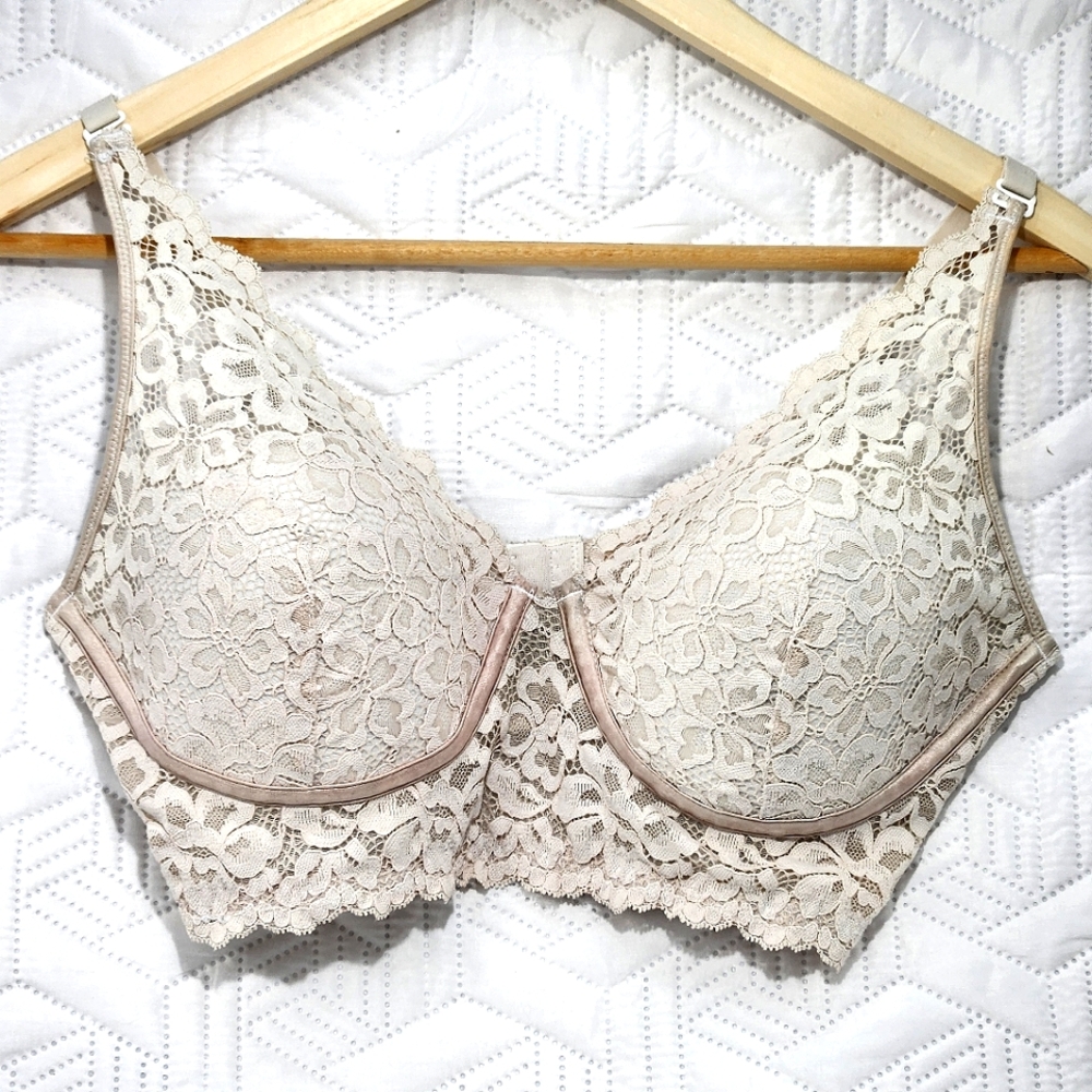 Maidenform Bra 38D Nude Lace Overlay‎ Wireless Foam Cups Converts To Halter Soft